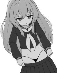 Rule 34 | 1girl, aisaka taiga, commentary, cowboy shot, english commentary, greyscale, jitome, long hair, looking at viewer, mikoscrub, monochrome, navel, neckerchief, pleated skirt, sailor collar, school uniform, simple background, skirt, solo, standing, sweat, thong, toradora!, undressing, wavy mouth, white background