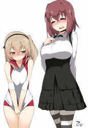Rule 34 | 10s, 2girls, alternate costume, arm behind back, artist name, bare shoulders, blush, breasts, brown eyes, brown hair, closed eyes, clothes pull, cosplay, costume switch, covering crotch, covering privates, dress, embarrassed, girls und panzer, gym uniform, hairband, half-closed eyes, high-waist skirt, kondou taeko, kondou taeko (cosplay), large breasts, long hair, long sleeves, looking to the side, multiple girls, open mouth, pantyhose, red shorts, shimada arisu, shimada arisu (cosplay), shirt, shirt pull, short hair, short shorts, shorts, side ponytail, skirt, sleeveless, sleeveless shirt, sportswear, striped clothes, striped legwear, striped pantyhose, terazip, underbust, v arms, volleyball uniform