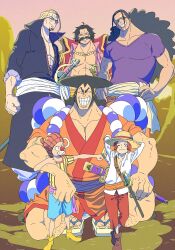 Rule 34 | 6+boys, abs, arms behind head, black hair, buggy the clown, eyeliner, facial hair, gol d. roger, grin, happy, highres, japanese clothes, kimono, kouzuki oden, makeup, male focus, manly, mature male, multiple boys, muscular, official art, one eye closed, one piece, orange shirt, pirate, red eyeliner, samurai, sandals, scopper gaban, shanks (one piece), shirt, sideburns, silvers rayleigh, smile, sword, teeth, weapon