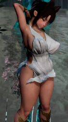 Rule 34 | 1girl, 3d, animal ears, animated, audible music, breasts, colored skin, dress, highres, large breasts, no panties, solo, sound, tagme, the elder scrolls, the elder scrolls v: skyrim, video, white dress, white skin, yellow eyes