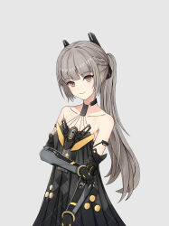 Rule 34 | 1girl, 302471469, absurdres, bare shoulders, black dress, braid, closed mouth, collarbone, cowboy shot, dress, grey background, grey eyes, grey hair, highres, long hair, looking at viewer, mechanical arms, nanami: pulse (punishing: gray raven), off-shoulder dress, off shoulder, ponytail, punishing: gray raven, sidelocks, simple background, smile