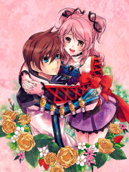 Rule 34 | 1boy, 1girl, asbel lhant, bad id, bad pixiv id, blue eyes, bow, brown eyes, brown hair, cheria barnes, coat, couple, flower, hair ribbon, hetero, hug, lace, lace-trimmed skirt, lace trim, miniskirt, momo (gomenne), pink hair, puffy sleeves, purple skirt, ribbon, rose, sasaki yuki, short hair, short twintails, skirt, smile, tales of (series), tales of graces, twintails, two side up, yellow flower, yellow rose