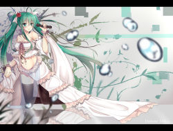 Rule 34 | 1girl, 7lark, bad id, bad pixiv id, bare shoulders, black thighhighs, blurry, depth of field, detached sleeves, green eyes, green hair, hair ornament, hatsune miku, holding, kneeling, letterboxed, long hair, looking at viewer, matching hair/eyes, microphone, music, navel, open mouth, singing, solo, thighhighs, twintails, very long hair, vocaloid, water drop