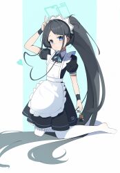 Rule 34 | 1girl, absurdres, apron, aris (blue archive), aris (maid) (blue archive), arm up, black dress, black hair, black wristband, blue archive, blue eyes, chinese commentary, closed mouth, commentary, dress, e li (77864296), green halo, halo, heart, highres, kneeling, long hair, looking at viewer, maid apron, maid headdress, no shoes, official alternate costume, pantyhose, ponytail, puffy short sleeves, puffy sleeves, short sleeves, solo, white apron, white pantyhose