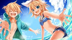 Rule 34 | 1boy, 1girl, :d, belt, bikini, bikini top only, blonde hair, blue bikini, blue eyes, blue shorts, blue sweater, bow, breasts, brother and sister, cardigan, cleavage, closed eyes, cloud, cloudy sky, day, hair between eyes, hair bow, hair ornament, hairclip, kagamine len, kagamine rin, lens flare, looking at viewer, momomochi, navel, open cardigan, open clothes, open mouth, outdoors, outstretched arms, short hair, short shorts, shorts, siblings, sky, small breasts, smile, striped bikini, striped clothes, sweater, swimsuit, vocaloid, wading, water, white bow