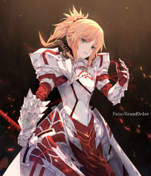 Rule 34 | 1girl, aa-aster, armor, armored dress, blonde hair, clarent (fate), fate/apocrypha, fate/grand order, fate (series), green eyes, hair between eyes, highres, holding, holding sword, holding weapon, huge weapon, looking at viewer, mordred (fate), mordred (fate/apocrypha), short hair, sidelocks, solo, sparks, standing, sword, weapon