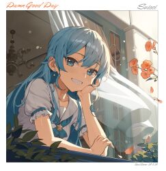 Rule 34 | 1girl, absurdres, arm rest, artist name, blue eyes, blue hair, border, ceiling, chandelier, character name, curtains, dated, earrings, falling petals, grin, gum shrew, head rest, highres, hololive, hoshimachi suisei, jewelry, leaf, leaning out of window, long hair, looking at viewer, petals, puffy short sleeves, puffy sleeves, red footwear, short sleeves, smile, solo, star (symbol), star in eye, symbol in eye, teeth, virtual youtuber, white border, windowsill