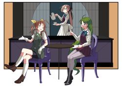 Rule 34 | 10s, 3girls, ahoge, akigumo (kancolle), bike shorts, boots, bow, bowtie, braid, brown hair, commentary, counter, crossed legs, cup, dress, gloves, green eyes, green hair, green ribbon, grey legwear, grey skirt, hair ribbon, highres, holding, holding cup, holding pot, kagerou (kancolle), kantai collection, kazh (kazu), long hair, mole, mole under mouth, multiple girls, neck ribbon, one-piece swimsuit, pantyhose, pleated skirt, ponytail, pot, purple legwear, ribbon, school uniform, shirt, short sleeves, shorts, shorts under skirt, sitting, skirt, sleeveless, sleeveless dress, swimsuit, table, teapot, twintails, very long hair, vest, white gloves, white shirt, yellow eyes, yellow ribbon, yuugumo (kancolle)