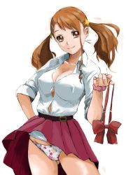 Rule 34 | 1girl, anjou naruko, ano hi mita hana no namae wo bokutachi wa mada shiranai., belt, belt buckle, black belt, bow, bowtie, breasts, brown eyes, brown hair, buckle, cleavage, closed mouth, clothes lift, collarbone, collared shirt, covered erect nipples, cowboy shot, dress shirt, floating hair, floral print, gluteal fold, hair ornament, hairclip, hand on own hip, holding, large breasts, long hair, looking at viewer, miniskirt, nail polish, no bra, panties, pleated skirt, print panties, red bow, red bowtie, red nails, red skirt, ryouzou, shirt, simple background, skirt, skirt lift, sleeves rolled up, smile, solo, standing, twintails, underwear, white background, white panties, white shirt, wing collar