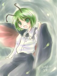 Rule 34 | 1girl, antennae, black pants, bob cut, bug, buttons, cape, collared shirt, dated, eyes visible through hair, female focus, fireflies, firefly, green eyes, green hair, insect, long sleeves, mikamo nekotani, nekotani mikamo, open mouth, pants, puffy pants, shirt, solo, touhou, white shirt, wriggle nightbug