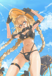 Rule 34 | 1girl, absurdres, adjusting clothes, adjusting headwear, aesc (fate), aesc (rain witch) (fate), bikini, black bikini, black gloves, blonde hair, blue eyes, blue sky, blush, braid, breasts, cleavage, closed mouth, fate/grand order, fate (series), from below, glasses, gloves, hat, highres, kat (4681526), looking at viewer, multiple braids, navel, open mouth, red-framed eyewear, round eyewear, scarf, sky, smile, sunlight, swimsuit, thigh strap, tri braids, witch hat