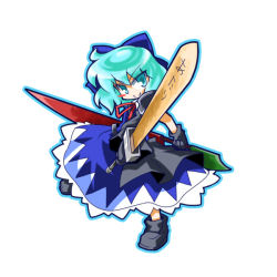 Rule 34 | 1girl, adapted costume, advent cirno, aqua eyes, aqua hair, blue hair, bow, chisato, cirno, dual wielding, gloves, hair bow, holding, long sleeves, short hair, smile, solo, sword, touhou, weapon, white background, wide sleeves