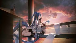 Rule 34 | arknights, artist request, belt, bench, black shorts, blue hair, cloud, coat, colored skin, cup, dragon girl, dragon horns, dragon tail, hand on own face, highres, horns, ling (arknights), long coat, long hair, long tail, looking to the side, mug, multicolored skin, necktie, pointy ears, purple eyes, scroll, shorts, sitting, sunlight, sunset, tail, white coat, white hair