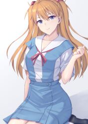 Rule 34 | 1girl, absurdres, black footwear, blue eyes, blue skirt, blush, breasts, closed mouth, commentary request, hair between eyes, highres, loafers, long hair, looking at viewer, medium breasts, neon genesis evangelion, ohguro mariya, orange hair, red ribbon, ribbon, school uniform, shirt, shoes, short sleeves, simple background, sitting, skirt, smile, solo, souryuu asuka langley, tokyo-3 middle school uniform, two side up, white background, white shirt