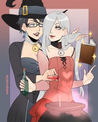 Rule 34 | 2girls, alternate costume, amulet, artist name, bayonetta, bayonetta (series), bayonetta 2, black hair, book, bottle, breasts, cauldron, choker, cleavage, collarbone, dangerousbride, dress, earrings, eyeshadow, female focus, flat chest, glasses, hair over one eye, hat, heart, highres, holding, holding bottle, implied yuri, jeanne (bayonetta), jewelry, large breasts, lipstick, long hair, makeup, mole, mole under mouth, multiple girls, parted lips, potion, short hair, silver hair, smile, sparkle, vial, witch, witch hat
