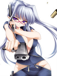 Rule 34 | 1girl, blush, breasts, cleavage, dual wielding, glasses, groin, highres, holding, large breasts, long hair, looking at viewer, monety, original, pointing, pointing at viewer, purple eyes, red-framed eyewear, shell casing, silver hair, smile, solo, unzipped