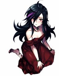 Rule 34 | 1girl, bad id, bad twitter id, bare shoulders, barefoot, black hair, blush, bracelet, choker, commentary request, copyright request, crying, crying with eyes open, dirty, dirty feet, dress, green eyes, hair between eyes, hands on lap, highres, jewelry, looking at viewer, maruchi, multicolored hair, necklace, off shoulder, parted lips, red dress, simple background, sitting, slit pupils, solo, streaked hair, tears, white background