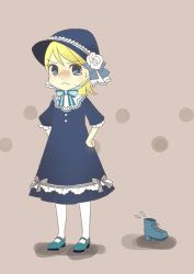 Rule 34 | 1girl, angry, betty blue (bury), blonde hair, blue eyes, blush, bow, bowtie, bury, dress, flying sweatdrops, hat, looking at viewer, shoes, skc, solo, teardrop, tears, thighhighs
