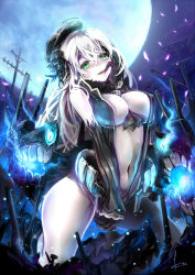Rule 34 | 10s, 1girl, abyssal ship, atago (kancolle), beret, between breasts, blonde hair, breasts, center opening, cleavage, dark persona, covered erect nipples, female focus, finger to mouth, full moon, green eyes, hair between eyes, hand on own face, hat, kantai collection, kito (kito2), large breasts, long hair, looking at viewer, military, military uniform, moon, naughty face, navel, night, night sky, parted lips, petals, sky, solo, tongue, tongue out, uniform, unzipped, white hair