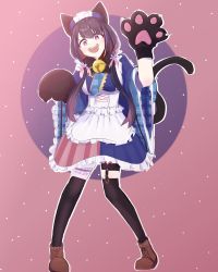 Rule 34 | 1girl, :d, absurdres, animal ears, animal hands, ankle boots, apron, asymmetrical clothes, asymmetrical skirt, bell, black bow, black bowtie, black hair, black thighhighs, blue dress, blue headwear, blue skirt, boots, bow, bowtie, bridal garter, brown footwear, cat ears, cat paws, cat tail, colored inner hair, cross-laced footwear, dress, fake animal ears, fang, flower, frilled apron, frilled dress, frilled skirt, frilled sleeves, frills, gloves, gradient eyes, hair between eyes, hair flower, hair ornament, highres, hina misora, knees together feet apart, lace-up boots, legwear garter, lolita fashion, long hair, looking at viewer, maid, maid apron, mary yerlein, multicolored clothes, multicolored eyes, multicolored hair, multicolored skirt, neck bell, open mouth, paw gloves, paw pose, pink background, pink eyes, pink hair, pink skirt, plaid, plaid dress, plaid kimono, ribbon-trimmed sleeves, ribbon trim, skirt, smile, standing, streaked hair, striped clothes, striped skirt, symbol-shaped pupils, tail, teeth, thigh strap, thighhighs, two-tone hair, upper teeth only, v-shaped eyebrows, vertical-striped clothes, vertical-striped skirt, virtual youtuber, wa lolita, wa maid, wactor production, white apron, white flower, wide sleeves, yellow eyes, zettai ryouiki
