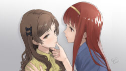 Rule 34 | 2girls, averting eyes, bow, brown hair, center frills, frills, hair bow, hand on another&#039;s chin, hand on another&#039;s shoulder, idolmaster, idolmaster million live!, kitazawa shiho, light smile, looking at another, multiple girls, parted lips, red eyes, tanaka kotoha, upper body, yoropa, yuri