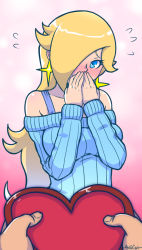 Rule 34 | 1boy, 1girl, akairiot, bare shoulders, blonde hair, blue eyes, blush, breasts, casual, confession, covering own mouth, earrings, full-face blush, hair over one eye, heart, jewelry, long hair, looking at viewer, mario (series), nintendo, off-shoulder, off-shoulder sweater, off shoulder, pink background, pov, ribbed sweater, rosalina, smile, solo focus, star (symbol), star earrings, super mario bros. 1, super mario galaxy, sweater, valentine