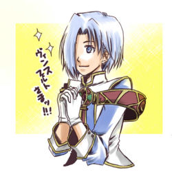 Rule 34 | 1boy, androgynous, blue eyes, blue hair, caina (wild arms), closed mouth, commentary request, gloves, lowres, male focus, short hair, smile, solo, wild arms, wild arms 2