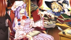 Rule 34 | 3girls, apple, apple slice, bad id, bad pixiv id, bat wings, blonde hair, blue eyes, book, book stack, bottle, bow, capelet, chair, crescent, cup, desk, dress, feathers, food, fruit, hair ribbon, hasebe yuusaku, hat, hat bow, head wings, highres, ink bottle, kirisame marisa, koakuma, long hair, long sleeves, multiple girls, open mouth, patchouli knowledge, plate, purple dress, purple eyes, purple hair, red hair, ribbon, shirt, sitting, skirt, skirt set, striped clothes, striped dress, table, teacup, touhou, tress ribbon, very long hair, vest, wide sleeves, wings, witch hat