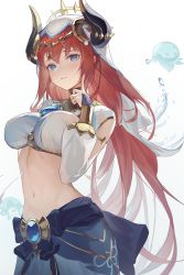 Rule 34 | 1girl, absurdres, blue eyes, breasts, circlet, clothing cutout, crop top, detached sleeves, genshin impact, gold trim, harem outfit, highres, index finger raised, jewelry, large breasts, long hair, long sleeves, looking at viewer, navel, neck ring, nilou (genshin impact), parted bangs, puffy long sleeves, puffy sleeves, red hair, skirt, stomach, swimsuit, vambraces, veil, vision (genshin impact), zombie ke