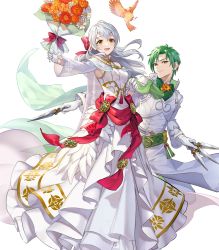 Rule 34 | 1boy, 1girl, alternate costume, bird, blush, bouquet, bow, breasts, cape, couple, crossed arms, dagger, dress, feathered wings, feathers, fire emblem, fire emblem: radiant dawn, fire emblem heroes, flower, full body, gloves, green hair, grey hair, hair ribbon, highres, holding, holding knife, holding weapon, knife, leaf, long hair, medium breasts, micaiah (fire emblem), nintendo, official art, open mouth, red ribbon, ribbon, smile, sothe (fire emblem), teffish, transparent background, veil, weapon, wedding dress, white dress, white gloves, wings, yellow eyes, yune (fire emblem)