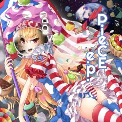 Rule 34 | 1girl, alternate legwear, american flag dress, american flag legwear, american flag shirt, ass, blonde hair, blueberry, cake, candy, chocolate, chocolate bar, clownpiece, cookie, cube, cupcake, doughnut, earth (planet), flag, food, fruit, fuente, gummy worm, hat, helmet, jelly bean, jester cap, kiwi (fruit), lime (fruit), lollipop, moon, patch, planet, pudding, red eyes, solo, space, space helmet, spray paint, star (sky), strawberry, thighhighs, touhou