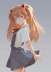 Rule 34 | 1girl, blue eyes, brown hair, copyright name, cowboy shot, from side, grey background, grey skirt, head tilt, headgear, highres, long hair, looking at viewer, miniskirt, neck ribbon, neon genesis evangelion, pleated skirt, red ribbon, ribbon, sannye, shirt, short sleeves, simple background, skirt, solo, souryuu asuka langley, standing, twintails, very long hair, white shirt