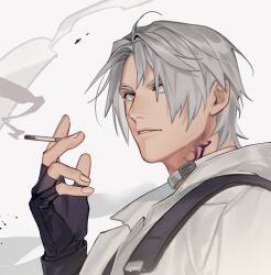 Rule 34 | 1boy, black gloves, brown eyes, cigarette, collar, collared shirt, final fantasy, final fantasy xiv, fingerless gloves, gloves, grey hair, highres, holding, holding cigarette, hyur, male focus, neck tattoo, nokhong y, parted bangs, parted lips, shirt, short hair, smoke, smoking, solo, suspenders, tattoo, thancred waters, upper body, white background, white shirt