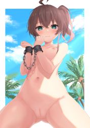 Rule 34 | 1girl, absurdres, ahoge, aqua eyes, bare shoulders, bdsm, blush, bondage, bound, breasts, brown hair, cleft of venus, closed mouth, collarbone, groin, hair between eyes, highres, hololive, long hair, looking at viewer, natsuiro matsuri, navel, nipples, open mouth, pussy, pussy juice, short hair, side ponytail, small breasts, solo, starkamisan, virtual youtuber