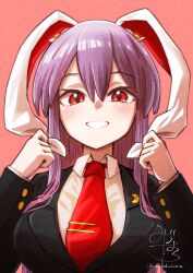 Rule 34 | 1girl, absurdres, animal ears, black jacket, blazer, blush, breasts, buttons, collared shirt, crescent, crescent pin, grin, hair between eyes, highres, jacket, large breasts, light purple hair, long hair, long sleeves, looking at viewer, medium breasts, mizuhara (pix ivi xiq), necktie, open mouth, purple hair, rabbit ears, rabbit girl, red eyes, red necktie, reisen udongein inaba, shirt, sidelocks, signature, smile, solo, teeth, touhou, twitter username, upper body, very long hair, white shirt