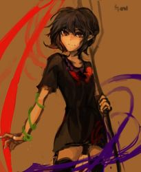 Rule 34 | 1girl, asymmetrical wings, black dress, black hair, black thighhighs, brown background, closed mouth, collarbone, cowboy shot, dress, erty113, hair between eyes, holding, holding weapon, houjuu nue, looking at viewer, polearm, red eyes, short dress, short hair, solo, thighhighs, touhou, trident, weapon, wings, zettai ryouiki