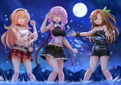 Rule 34 | 3girls, blonde hair, blush, bow, brown hair, compa, d-pad, green eyes, hair bow, hair ornament, hairband, highres, if (neptunia), kazenokaze, long hair, looking at viewer, moon, multiple girls, navel, neptune (series), night, one eye closed, open mouth, outdoors, purple hair, ribbon, sky, smile, sweater, wading, water, wet