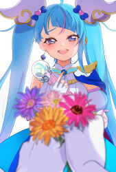 Rule 34 | 1girl, absurdres, blue cape, blue dress, blue eyes, blue hair, blurry, blurry foreground, brooch, cape, commentary, cure sky, cut bangs, depth of field, detached sleeves, dress, earclip, earrings, fingerless gloves, flower, gloves, half-closed eyes, highres, hirogaru sky! precure, holding, holding flower, jewelry, long hair, looking at viewer, magical girl, open mouth, pink hair, pov, precure, puffy detached sleeves, puffy sleeves, simple background, single earring, single sidelock, sky mirage, sleeveless, sleeveless dress, smile, solo, sora harewataru, standing, twintails, two-tone dress, very long hair, white background, white dress, white gloves, wing brooch, wing hair ornament, zooz08