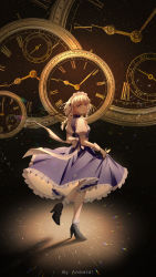 Rule 34 | 1girl, absurdres, amberdl, black background, black footwear, black gloves, black ribbon, blue dress, blue eyes, bobby socks, bow, braid, bug, butterfly, chromatic aberration, clock, cuff links, dark, dial, dress, frilled dress, frills, full body, gloves, hair bow, hair ribbon, high heels, highres, insect, izayoi sakuya, light particles, looking at viewer, looking back, maid headdress, parted lips, puffy short sleeves, puffy sleeves, ribbon, roman numeral, sash, shadow, short hair, short sleeves, skirt hold, socks, solo, sparks, standing, standing on one leg, touhou, twin braids, white hair, white sash, white socks, wrist cuffs
