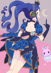 Rule 34 | 1girl, :d, arm behind back, arrow (symbol), back cutout, baku (creature), blue dress, blue gloves, blue hair, clothing cutout, crescent, dress, from behind, garara s leep, gloves, hand up, hat, head chain, headphones, holding, holding pillow, holding pocket watch, idol time pripara, index finger raised, jewelry, ku (residual666), long hair, looking at viewer, looking back, mini hat, open mouth, pakku (pripara), pillow, pocket watch, pretty series, pripara, puffy short sleeves, puffy sleeves, short sleeves, smile, solo, standing, symbol-shaped pupils, twintails, v, very long hair, watch, yellow eyes