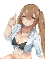 Rule 34 | 1girl, :3, bad id, bad pixiv id, bikini, black bikini, breasts, brown hair, cleavage, closed mouth, collarbone, girls&#039; frontline, hair between eyes, hand up, highres, large breasts, long hair, looking at viewer, multicolored eyes, navel, pointing, pointing at viewer, red eyes, shirt, sidelocks, simple background, sitting, solo, spicy moo, swimsuit, tied shirt, twintails, ump9 (girls&#039; frontline), very long hair, white background
