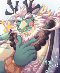 Rule 34 | 1boy, absurdres, animal ear piercing, another eidos-r, aqua skin, bara, bead necklace, beads, beard, chest hair, claws, commentary, dragon boy, dragon horns, english commentary, english text, facial hair, fangs, furry, furry male, hand on own chin, highres, horns, japanese clothes, jewelry, juggermelon, kimono, licking lips, long hair, male focus, mature male, muscular, muscular male, necklace, nose piercing, nose ring, one eye closed, piercing, shoulder tattoo, solo, sparkle, tattoo, tongue, tongue out, upper body, white hair, xialong (another eidos)