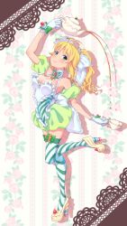 Rule 34 | 1girl, arm up, blonde hair, blush, border, cup, gloves, hakkaku shikimi, hoshii miki, idolmaster, idolmaster (classic), lace, lace border, long hair, looking at viewer, maid, ornate border, ponytail, smile, solo, standing, standing on one leg, striped clothes, striped thighhighs, teacup, teapot, thighhighs, white gloves