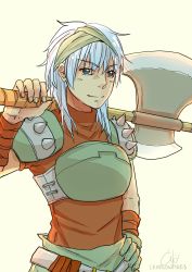 Rule 34 | 1girl, armor, artist name, axe, backlighting, belt, blue eyes, blue hair, breastplate, commentary, crimsonfire3, echidna (fire emblem), eyebrows, fire emblem, fire emblem: the binding blade, gloves, hair between eyes, hand on own hip, holding, holding axe, holding weapon, matching hair/eyes, nintendo, shoulder pads, signature, silver hair, simple background, solo, spikes, upper body, weapon, yellow background