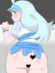 Rule 34 | 1girl, ahoge, alternate color, aqua hair, ass, blue hat, bottomless, bracelet, breasts, censored, closed mouth, cowboy shot, creatures (company), elite four, from behind, frown, game freak, ganbari mascarpone, grey background, hat, heart, heart censor, highres, huge ass, jewelry, kahili (pokemon), leaning forward, long hair, looking back, medium breasts, mole, mole under eye, nintendo, npc trainer, pokemon, pokemon sm, purple eyes, shiny skin, shirt, sideways mouth, simple background, solo, striped clothes, striped shirt, sweat, visor cap, z-ring