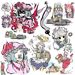Rule 34 | 6+girls, animal ears, apron, bat wings, blonde hair, blue hair, blush, braid, broom, cabbie hat, camel, chair, closed eyes, crescent, crescent hat ornament, crying, crystal, embodiment of scarlet devil, empty eyes, fangs, flandre scarlet, fox, fox ears, fox tail, hair ribbon, hat, hat ornament, hat ribbon, highres, hong meiling, izayoi sakuya, knifed, koakuma, laevatein (touhou), light blue hair, maid, maid apron, maid headdress, mob cap, multiple girls, necktie, patchouli knowledge, peroponesosu., pointy ears, purple hair, pyramid (structure), red eyes, red hair, red neckwear, remilia scarlet, ribbon, robotic vacuum cleaner, silver hair, simple background, sitting, sparkle, star (symbol), star hat ornament, tail, thought bubble, touhou, twin braids, white background, wings, zzz
