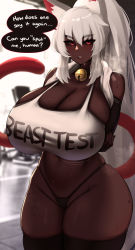 Rule 34 | 1girl, animal ears, arms behind back, bare shoulders, bell, black panties, black sclera, black thighhighs, blurry, borrowed character, breasts, cat ears, cat girl, cat tail, choker, cleavage, clothes writing, coco (bakeneko), colored sclera, commentary, commission, curvy, dark-skinned female, dark skin, depth of field, elbow gloves, english commentary, fingerless gloves, gloves, gym, highres, huge breasts, jingle bell, long hair, mole, mole on breast, mole on thigh, mole under eye, navel, neck bell, no pants, original, panties, ponytail, red eyes, roresu, skindentation, solo, sports bra, sweat, tail, thick eyebrows, thick thighs, thighhighs, thighs, towel, towel around neck, underwear, very long hair, white hair, wide hips