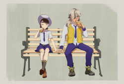 Rule 34 | 1boy, 1girl, arven (pokemon), bad id, bad pixiv id, bench, blush, boots, brown footwear, closed eyes, closed mouth, collared shirt, commentary request, creatures (company), eating, eyelashes, food, game freak, hand up, hat, hetero, highres, holding, holding food, holding hands, juliana (pokemon), lettuce, long hair, long sleeves, morino (exru8724), necktie, nintendo, open clothes, open vest, pants, pokemon, pokemon sv, purple pants, purple shorts, shirt, shoes, short sleeves, shorts, sitting, smile, socks, vest, yellow vest