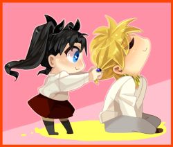 Rule 34 | 1boy, 1girl, :&gt;, adjusting hair, bad id, bad pixiv id, blue eyes, blush, border, brown hair, casual, chibi, child, fate/stay night, fate/zero, fate (series), gilgamesh (fate), jakgee, jewelry, necklace, official alternate costume, red border, short hair, tohsaka rin, twintails, tying hair, aged down