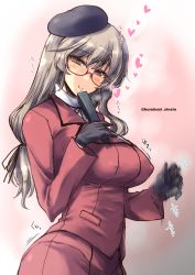 Rule 34 | 1girl, absurdres, black gloves, black hat, formal, girls und panzer, glasses, gloves, hand fan, hat, heart, high collar, highres, jacket, light brown hair, long hair, long sleeves, low-tied long hair, mature female, motion blur, motion lines, red jacket, shimada chiyo, shinshin, skirt, skirt suit, smile, solo, straight hair, suit, tongue, tongue out, twitter username